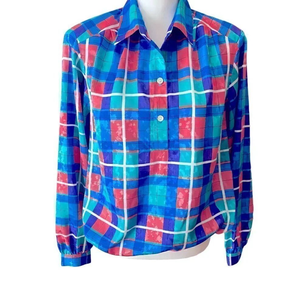 Da Rue California Check Blouse Elasticized Hem Vintage 80’s Size 14